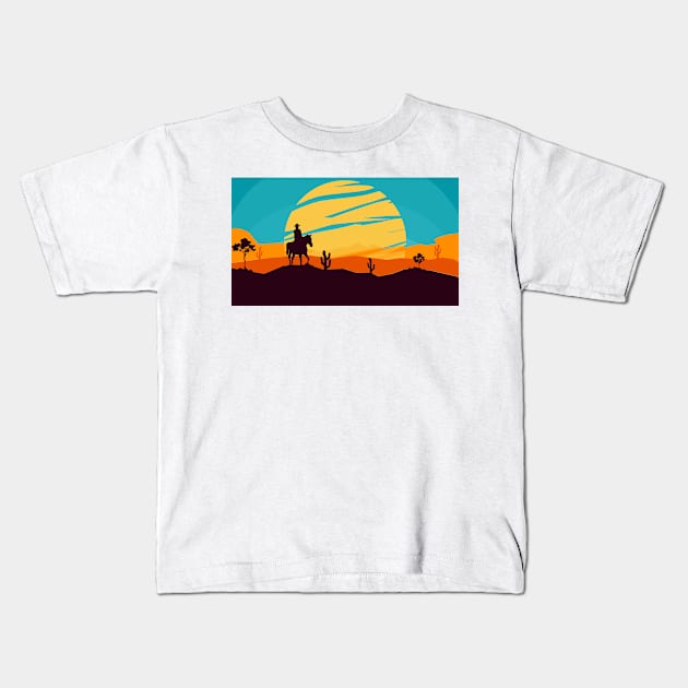 Lone rider - cowboy on horse at sunset Kids T-Shirt by Montanescu